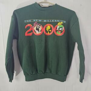 Vintage 1999 Looney Tunes New Millennium Sweatshirt M Pullover Green 2000 Tultex